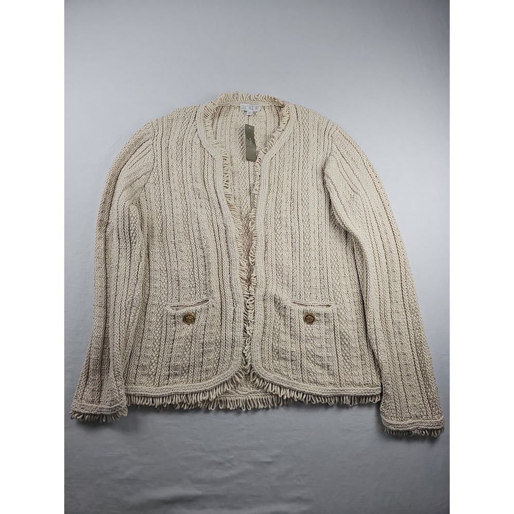 J.Crew Women's Textured Cable-Knit Lady Jacket Size L Fringe Cotton Wool Blend